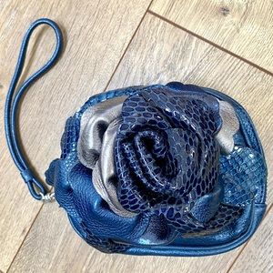 BRIGHTON Rhapsody Sapphire Blue & Silver Leather Rose Wristlet